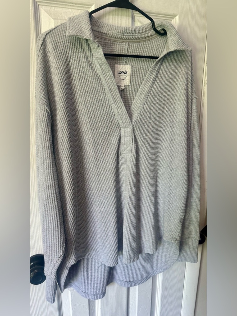 Aerie Light Gray Waffle Knit Collared Pullover Top, Oversized Small